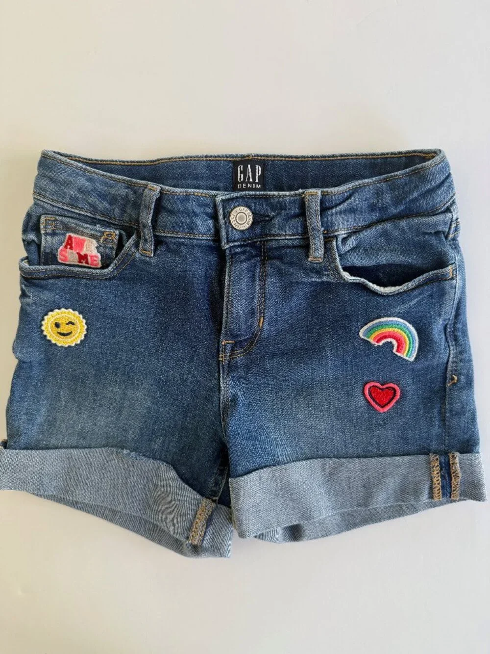 GAP Kids Stretch Midi Denim Shorts Emoji Rainbow Heart Smiley Face Size 10